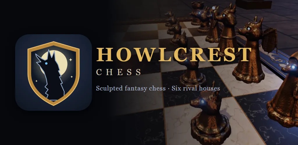 Howlcrest Chess: bronze wolf pieces on a marble board